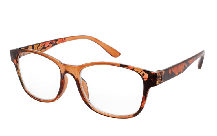 Brun transparent brille med blomsterprint på stængerne - Design nr. b326