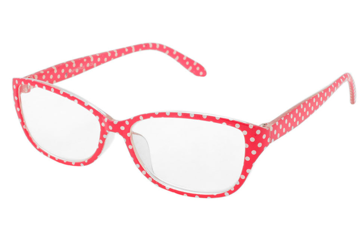 Læsebrille i rød og hvid polkaprikket design. Etui i samme farve medfølger - Design nr. b368