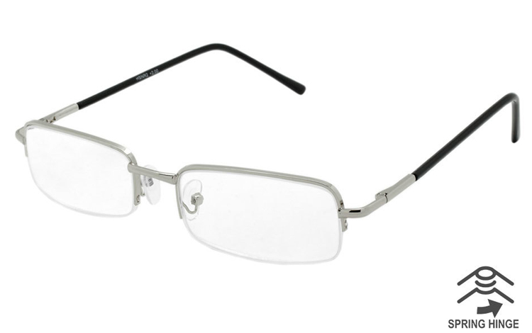 Flot enkelt brille i sølvfarvet metal, hvor stellet kun holder den øverst del af brillen - Design nr. b417
