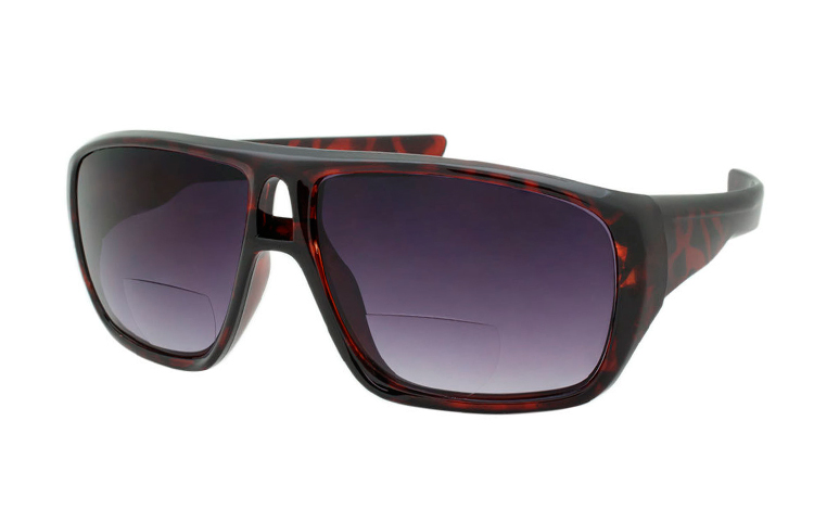 Stor solbrille med læsefelt i mørkt rødbrunt stel - Design nr. b433