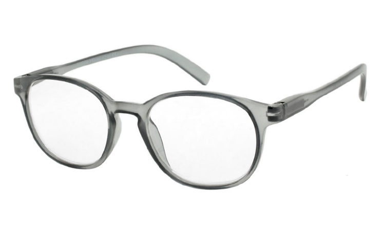 Moderigtig rund brille i transparent gråt stel. - Design nr. b505