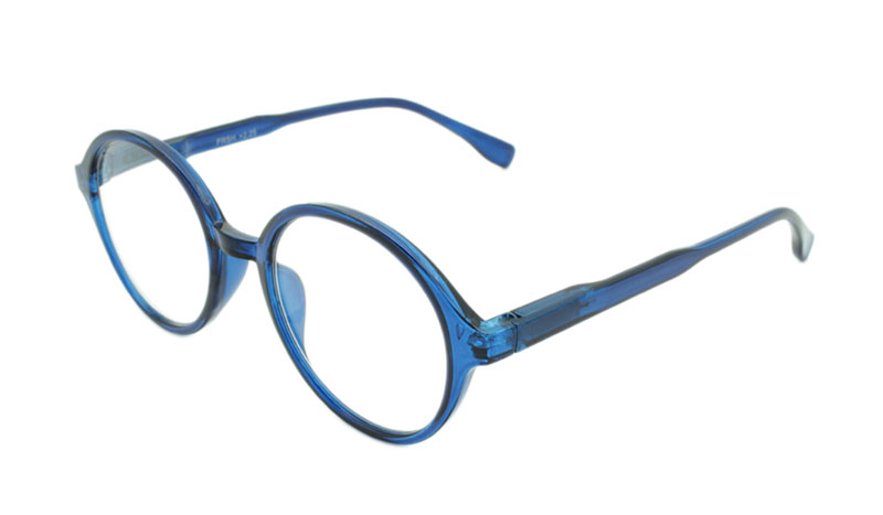 Flot moderigtig rund brille i blåt halvtransparent stel