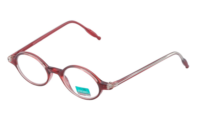 Oval modebrille i halvtransparent rødligt stel