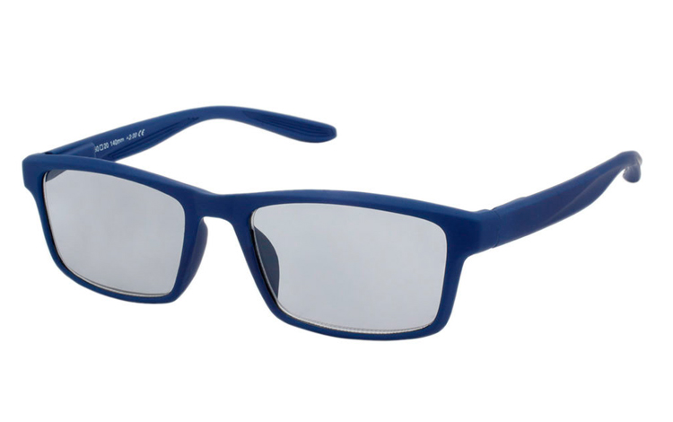 Mat blå solbrille i firkantet design.
