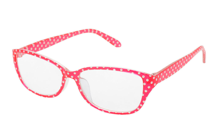 Læsebrille i pink og hvid polkaprikket design. Etui i samme farver medfølger
