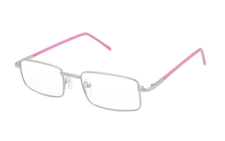 Sølvfarvet metal brille med lyserøde stænger