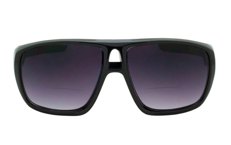 Stor solbrille med læsefelt i sort stel