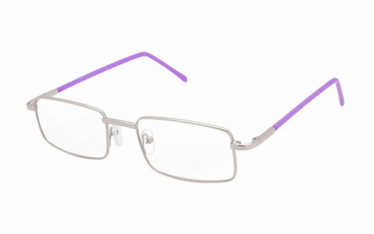 Sølvfarvet firkantet brille med lilla stænger