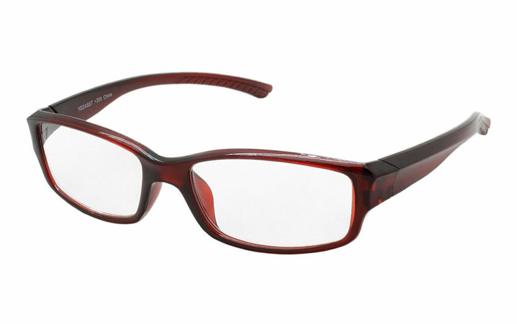 RÃ¸dlig lÃ¦sebrille i flot firkantet design med blÃ¸de former.