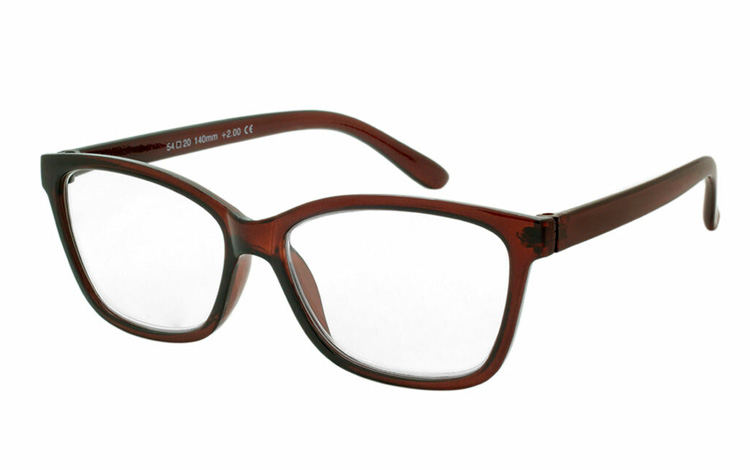 Damebrille i rÃ¸d-brun, cateye design.