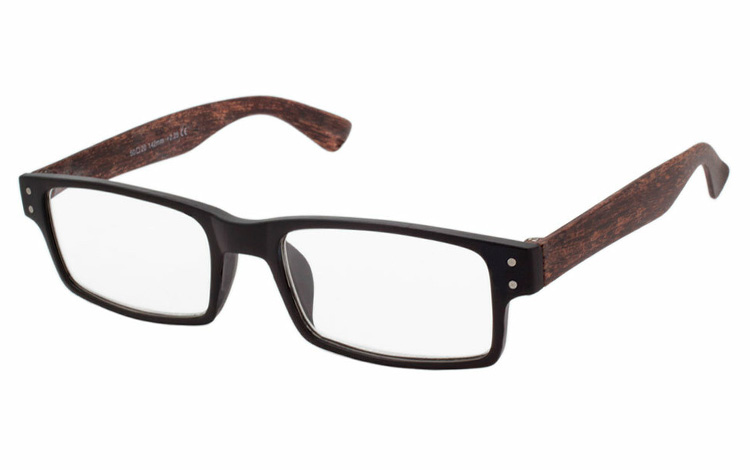 Smart sort brille i mat stel med træ-look.