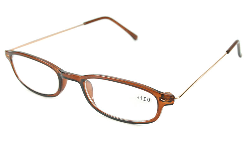Let og elegant rødbrun brille i ovalt design.